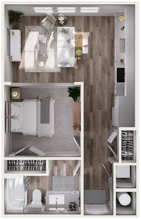 Floor plan for studio, 1 bath, 597 sqft